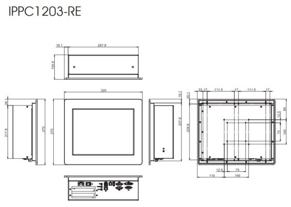 Kích Thước Touch Panel PC HMI IPPC1203-RE 12.1 Inch